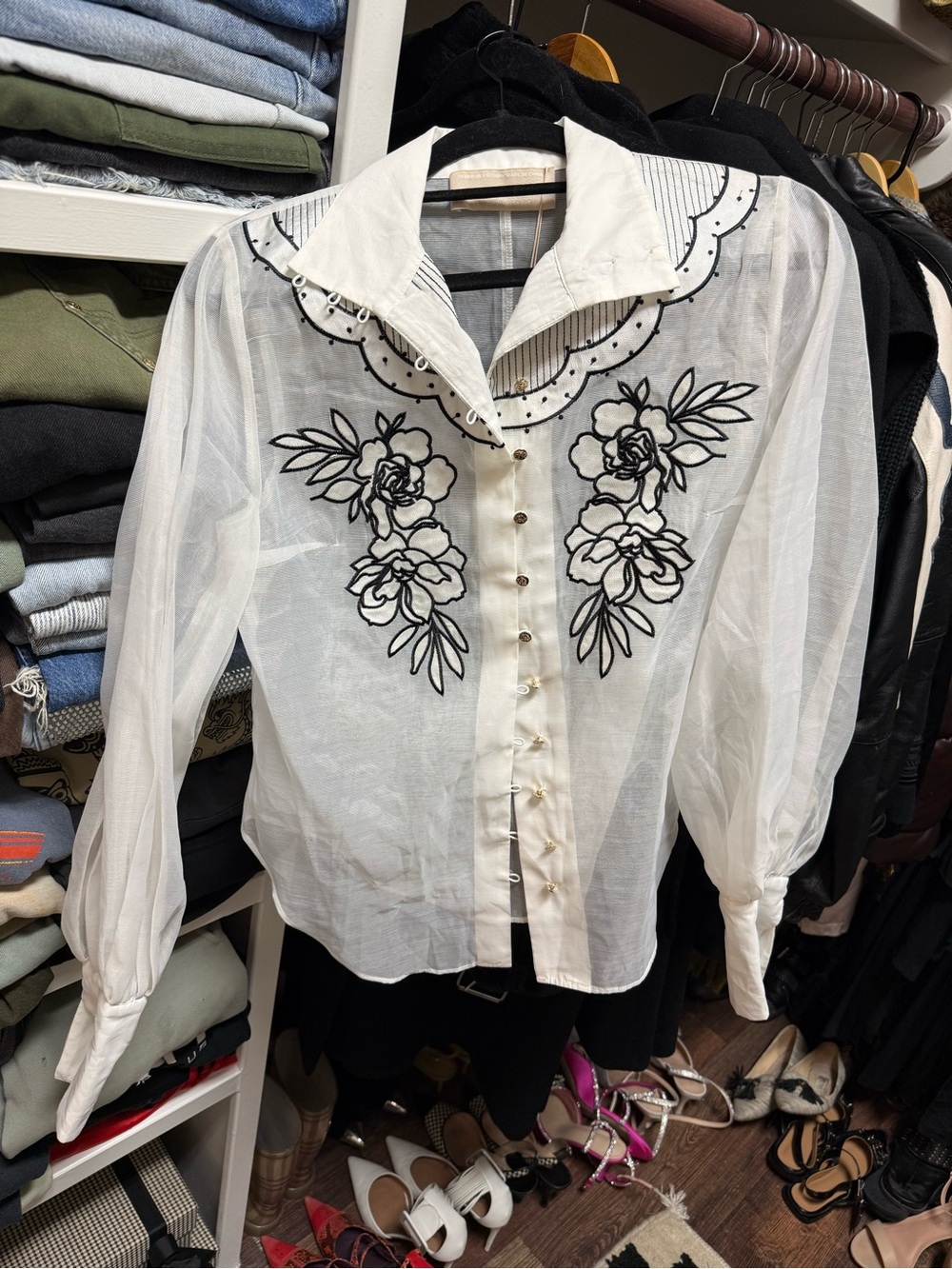 Keepsake - Sheer White Embroidered Button-Front Blouse
